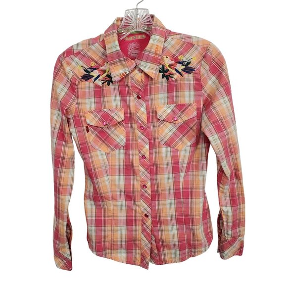 Vigoss M Shirt Girlie Western Pearl Snap Buttons Plaid Embroidered Floral Bird - Picture 3 of 13